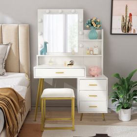 Large Vanity Set with 9 LED Bulbs, Makeup Table with Cushioned Stool, 3 Storage Shelves 4 Drawers, Dressing Table Dresser Desk for Women, Girls