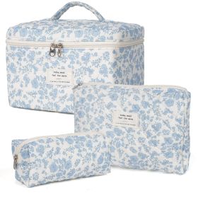 Makeup Bag Large Quilted Cosmetic Bag Floral Make up Bag for Women Cute Cotton Makeup Bag Set Travel Toiletry Organizer Bag, Blue White