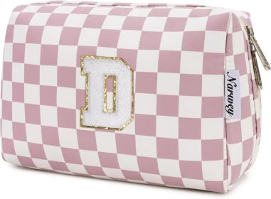 Birthday Gifts for Teen Girls Kids Women Personalized Initial Checkered Makeup Bag Pink Monogram Cosmetic Bag Trendy Stuff