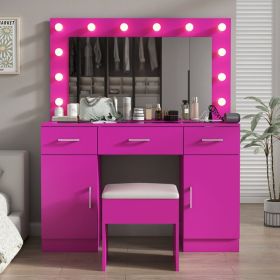 Vanity Desk Set with Large Lighted Mirror and Powre Outlet, Glass Top Makeup Vanity with 3 Drawers and 2 Cabinets, Vanity Table with 12 LED Light