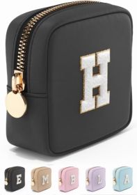 Small Monogram Makeup Bag, Personalized Initial Cosmetic Pouch with Zipper | Mini Black Nylon Cosmetic Bag with Zipper