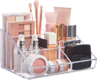 Clear Plastic Vanity Makeup Organizer | 6-Compartment Holder for Brushes, Eyeshadow Palettes, Beauty Supplies | Curved Front Design | Made in USA