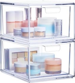 Audrey Stackable Clear Bin Plastic Organizer Drawers | 2 Piece Set | Organize Cosmetics and Beauty Supplies on a Vanity | Made in USA