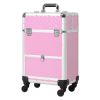 Makeup Train Case Portable Aluminum Rolling Cosmetic Organizer Trolley 4 Wheels Pink Salon Beauty Jewelry Storage