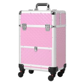 Makeup Train Case Portable Aluminum Rolling Cosmetic Organizer Trolley 4 Wheels Pink Salon Beauty Jewelry Storage