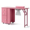 Nail Desk Folding Table, Pink MDF Manicure Station w/ 2 Drawers & 1 Door Cabinet for Nail Art Salon Home Beauty