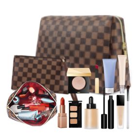 Brown checkered waterproof leather makeup square bag/flat bag 2-piece set, portable makeup travel makeup bag (style: LVBB-2pcs)
