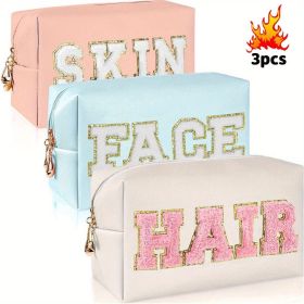 Cute Varsity Letter Makeup Pouch Set - Large Capacity Toiletry Bags for Women (Color: Navy blue+Beige+Pink)