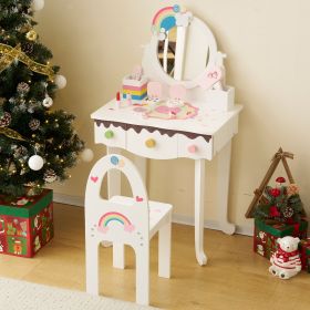 Kids Vanity Table and Chair Set with 7pcs Pretend Play Makeup Toys, Girls Vanity with Mirror & Stool, 3 Drawers & Tabletop Storage (default: default title)