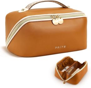 Makeup Bag for Women Travel Waterproof Vegan Leather Cosmetic Bag Open Flat Toiletry Bag With Clear Divider and Handle (Color: New Brown)