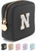 Small Makeup Bag, Personalized Initial Cosmetic Pouch with Zipper | Mini Black Nylon Cosmetic Bag with Zipper, Water-Resistant Beauty Pouch for Purse