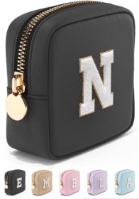 Small Makeup Bag, Personalized Initial Cosmetic Pouch with Zipper | Mini Black Nylon Cosmetic Bag with Zipper, Water-Resistant Beauty Pouch for Purse (Color: Black)