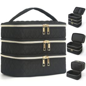 Detachable three-layer diamond grid makeup bag, handheld large capacity skincare storage bag, portable beauty bag for travel (Color: Black)