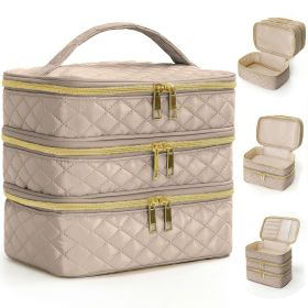 Detachable three-layer diamond grid makeup bag, handheld large capacity skincare storage bag, portable beauty bag for travel (Color: Khaki)
