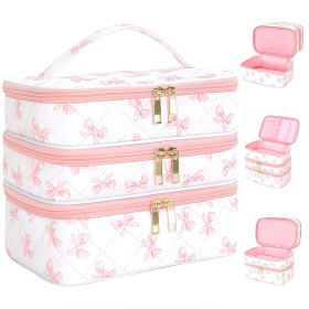 Detachable three-layer diamond grid makeup bag, handheld large capacity skincare storage bag, portable beauty bag for travel (Color: Bow Pink)
